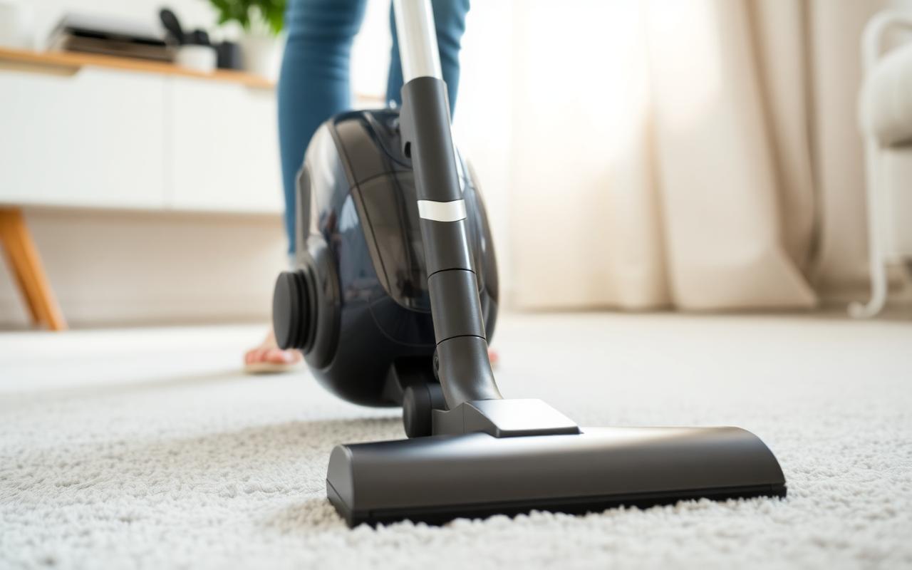 Person vacuuming a light gray carpet with a modern upright vacuum