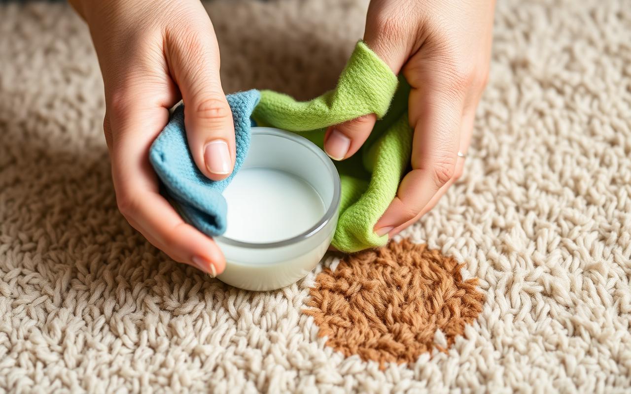 Hands gently treating a stain on a wool rug with a microfiber cloth and a natural baking-soda cleaning solution
