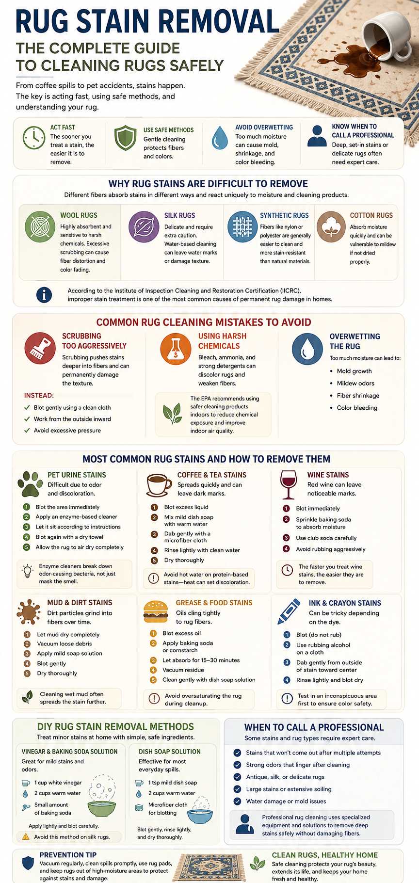 Infographic: Rug Stain Removal — the complete guide to cleaning rugs safely, covering fiber types, common mistakes, the most common stains, DIY methods, and when to call a professional