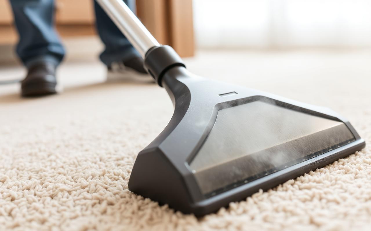 Professional hot-water extraction wand deep cleaning a beige carpet