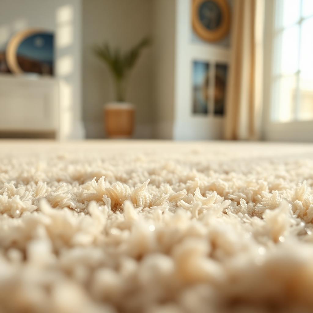 Close-up of freshly steam-cleaned beige carpet fibers in a Redondo Beach coastal home