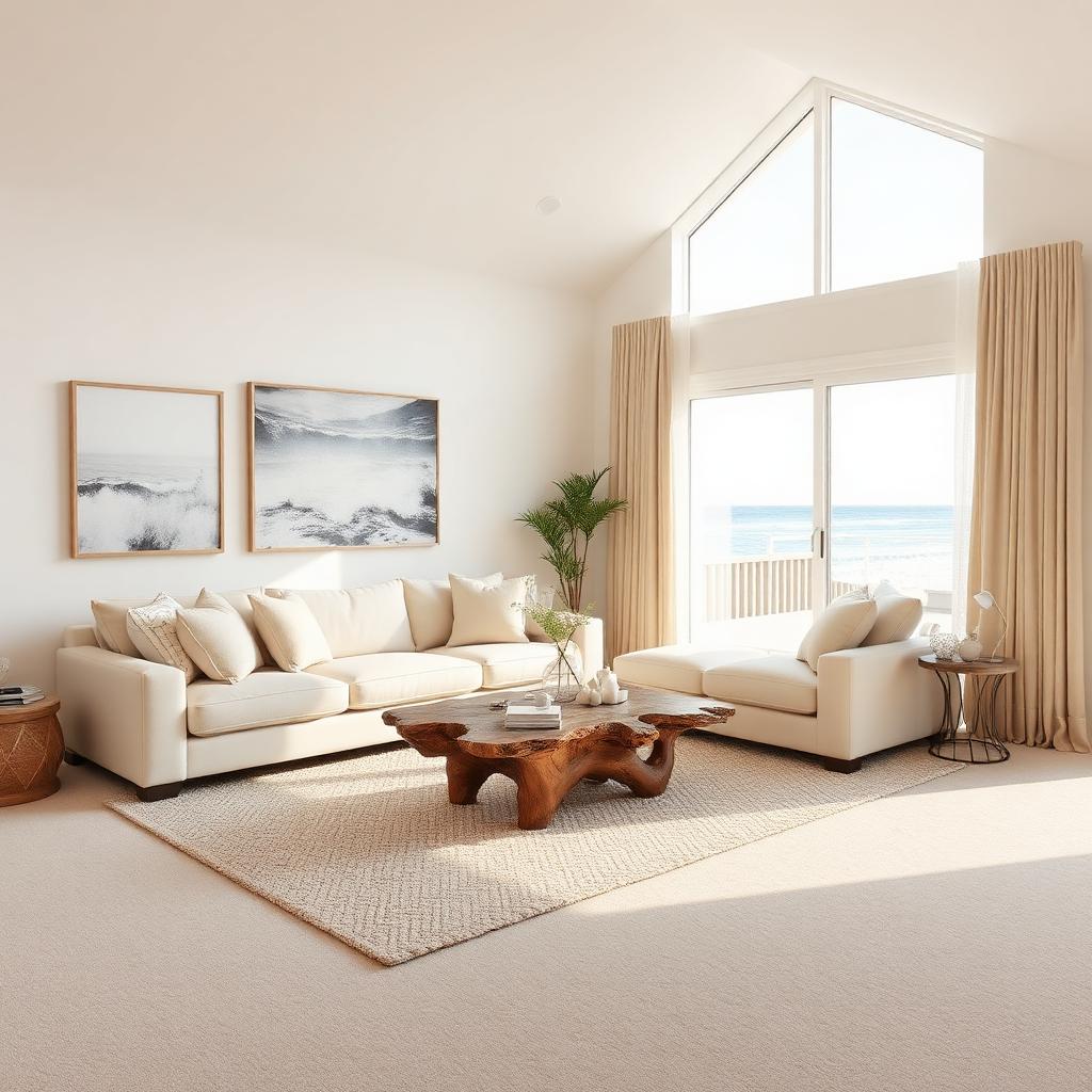 Bright coastal Redondo Beach living room with a professionally cleaned plush carpet and ocean-view window