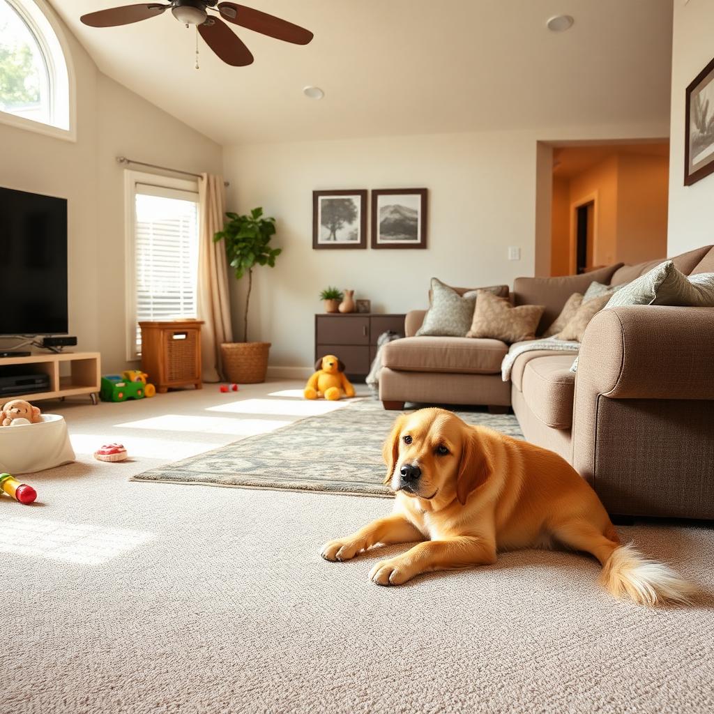 Torrance family living room with a professionally cleaned carpet and a friendly golden retriever resting nearby