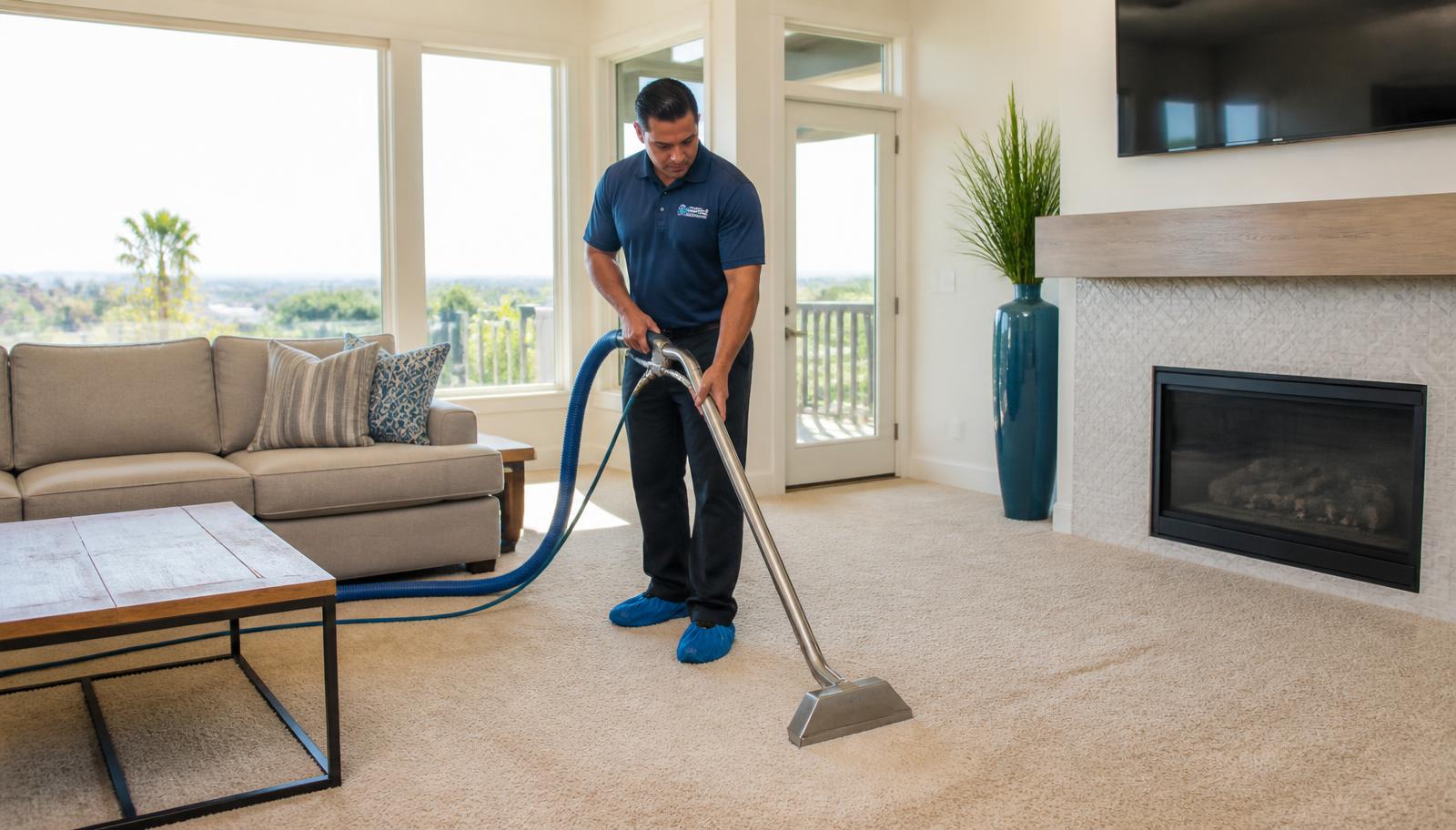 Carpet cleaning technician steam cleaning living room carpet in a Torrance, CA home